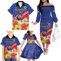 Puerto Rico Coat Of Arm Family Matching Off The Shoulder Long Sleeve Dress and Hawaiian Shirt With Thespesia Grandiflora Flowers - Wonder Print Shop