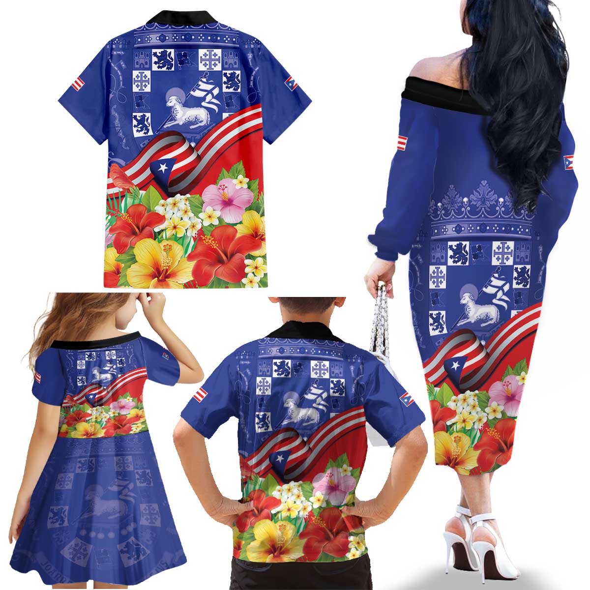 Puerto Rico Coat Of Arm Family Matching Off The Shoulder Long Sleeve Dress and Hawaiian Shirt With Thespesia Grandiflora Flowers - Wonder Print Shop