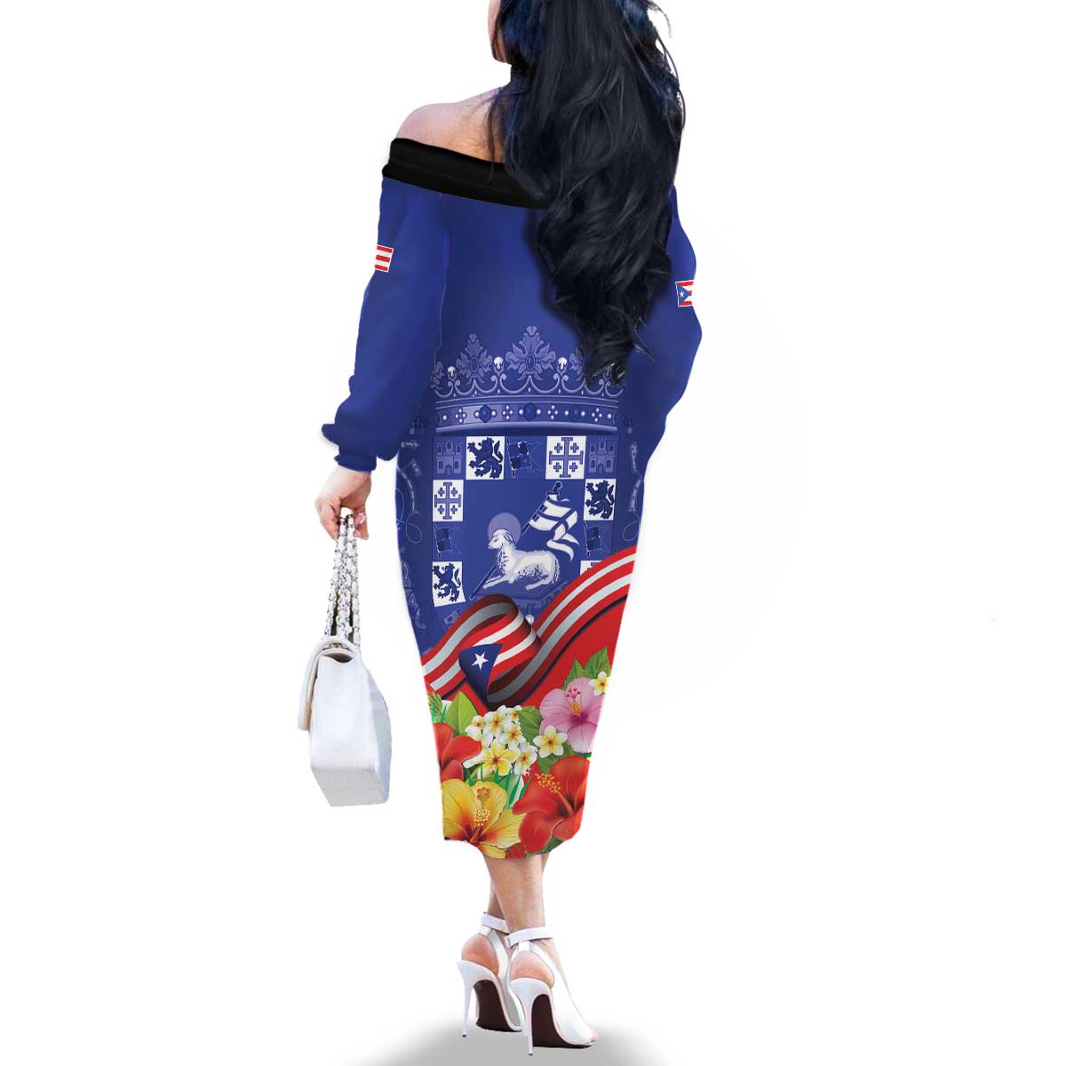 Puerto Rico Coat Of Arm Family Matching Off The Shoulder Long Sleeve Dress and Hawaiian Shirt With Thespesia Grandiflora Flowers - Wonder Print Shop