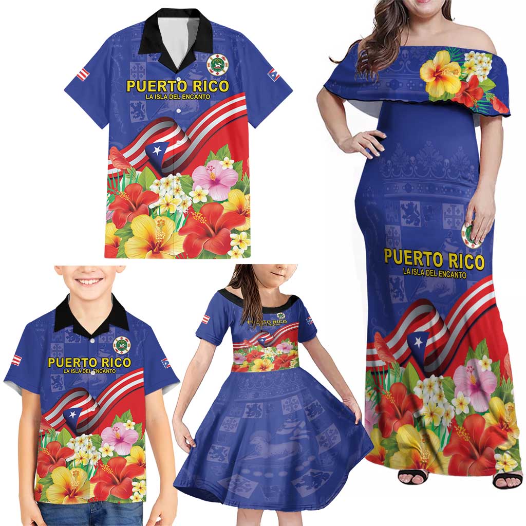 Puerto Rico Coat Of Arm Family Matching Off Shoulder Maxi Dress and Hawaiian Shirt With Thespesia Grandiflora Flowers - Wonder Print Shop