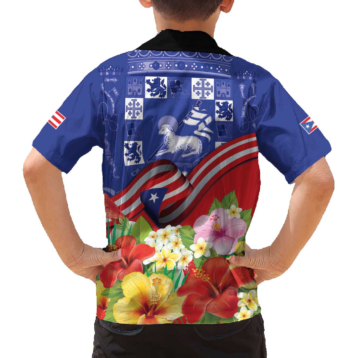 Puerto Rico Coat Of Arm Family Matching Off Shoulder Short Dress and Hawaiian Shirt With Thespesia Grandiflora Flowers - Wonder Print Shop