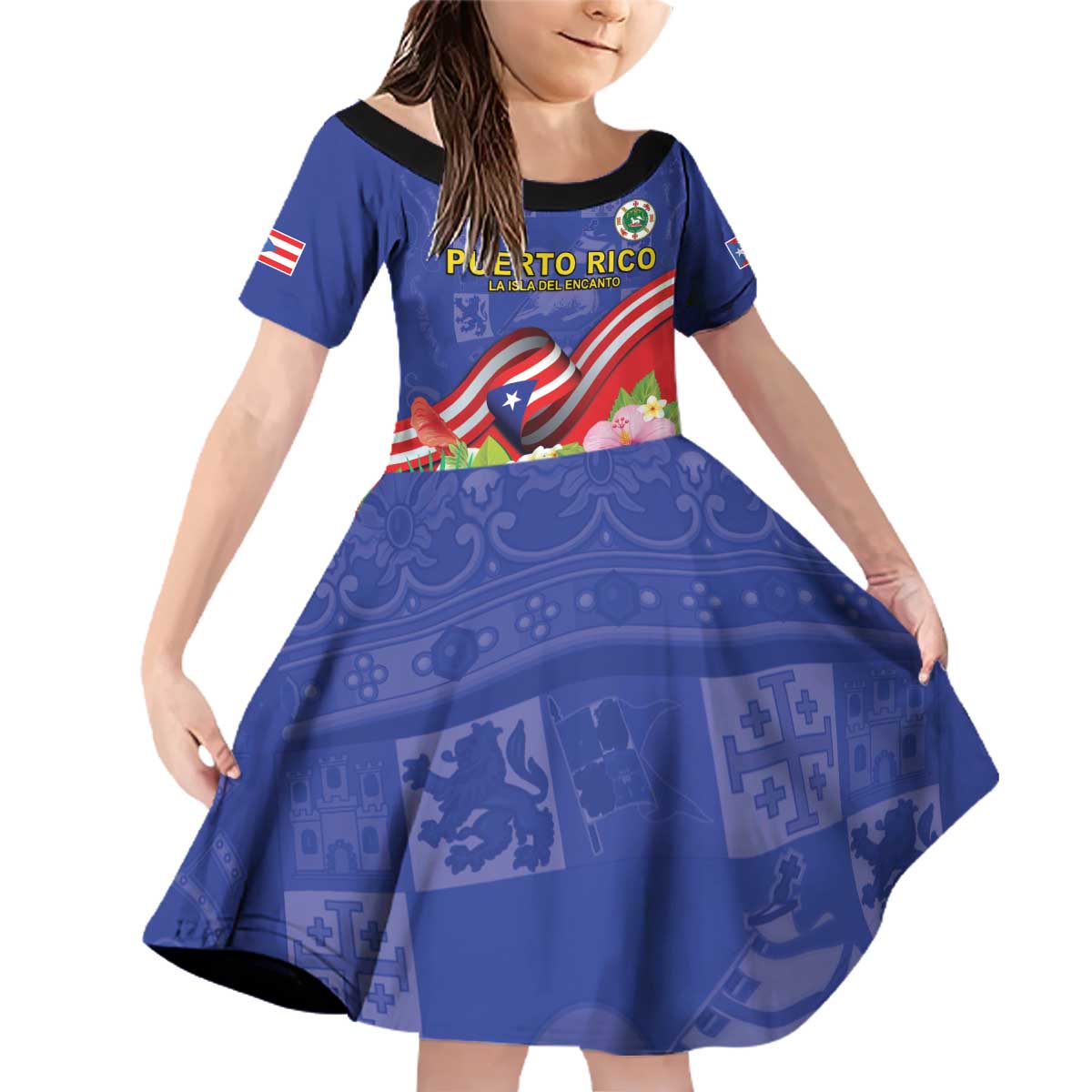 Puerto Rico Coat Of Arm Family Matching Off Shoulder Short Dress and Hawaiian Shirt With Thespesia Grandiflora Flowers - Wonder Print Shop