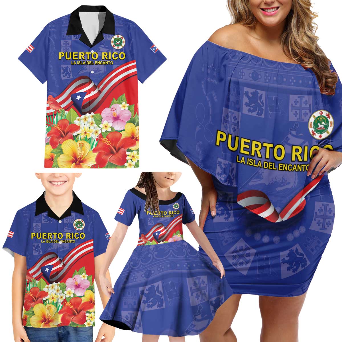 Puerto Rico Coat Of Arm Family Matching Off Shoulder Short Dress and Hawaiian Shirt With Thespesia Grandiflora Flowers - Wonder Print Shop