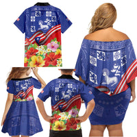 Puerto Rico Coat Of Arm Family Matching Off Shoulder Short Dress and Hawaiian Shirt With Thespesia Grandiflora Flowers - Wonder Print Shop