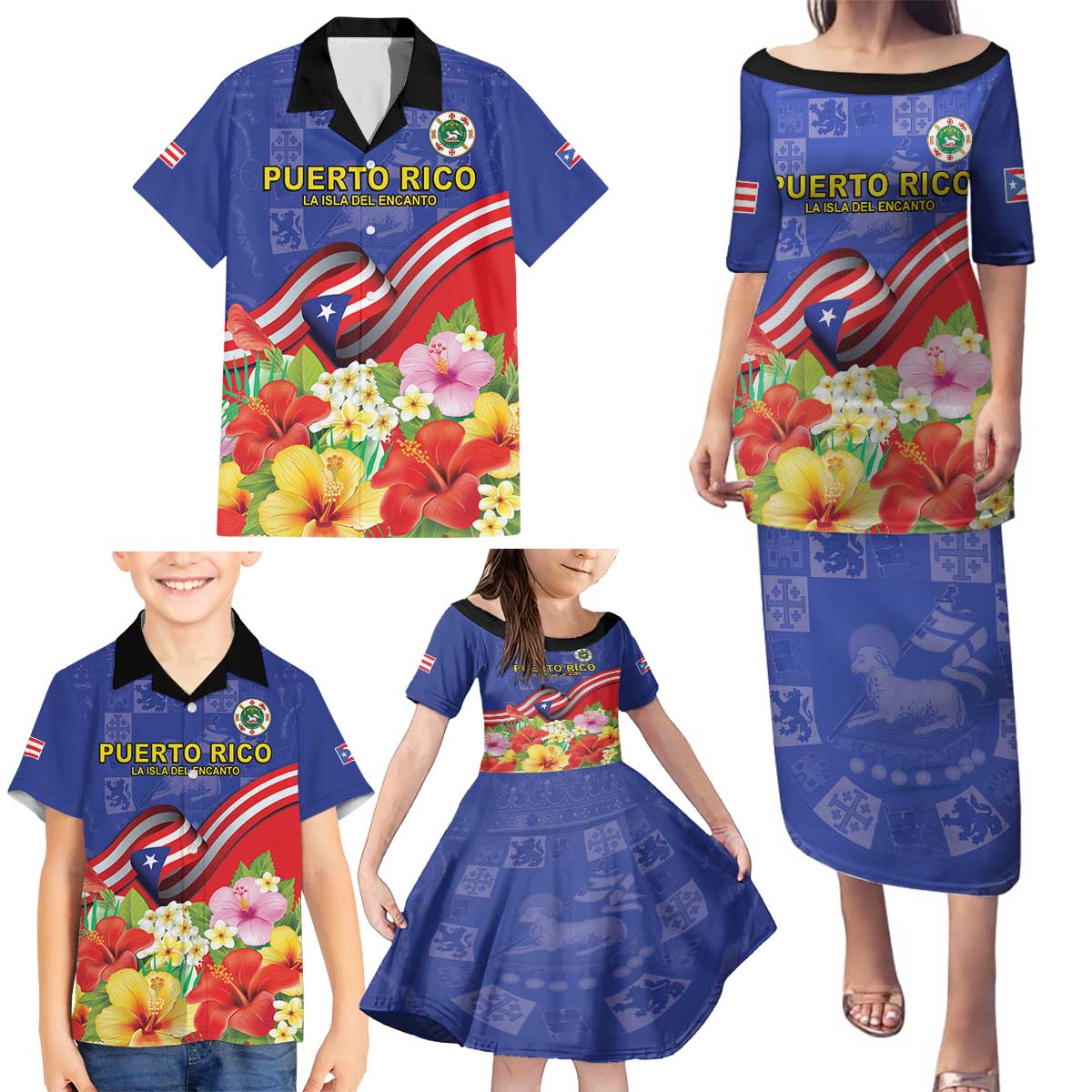 Puerto Rico Coat Of Arm Family Matching Puletasi and Hawaiian Shirt With Thespesia Grandiflora Flowers - Wonder Print Shop