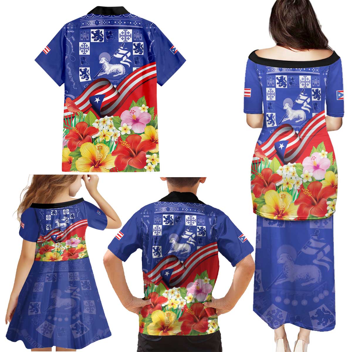 Puerto Rico Coat Of Arm Family Matching Puletasi and Hawaiian Shirt With Thespesia Grandiflora Flowers - Wonder Print Shop