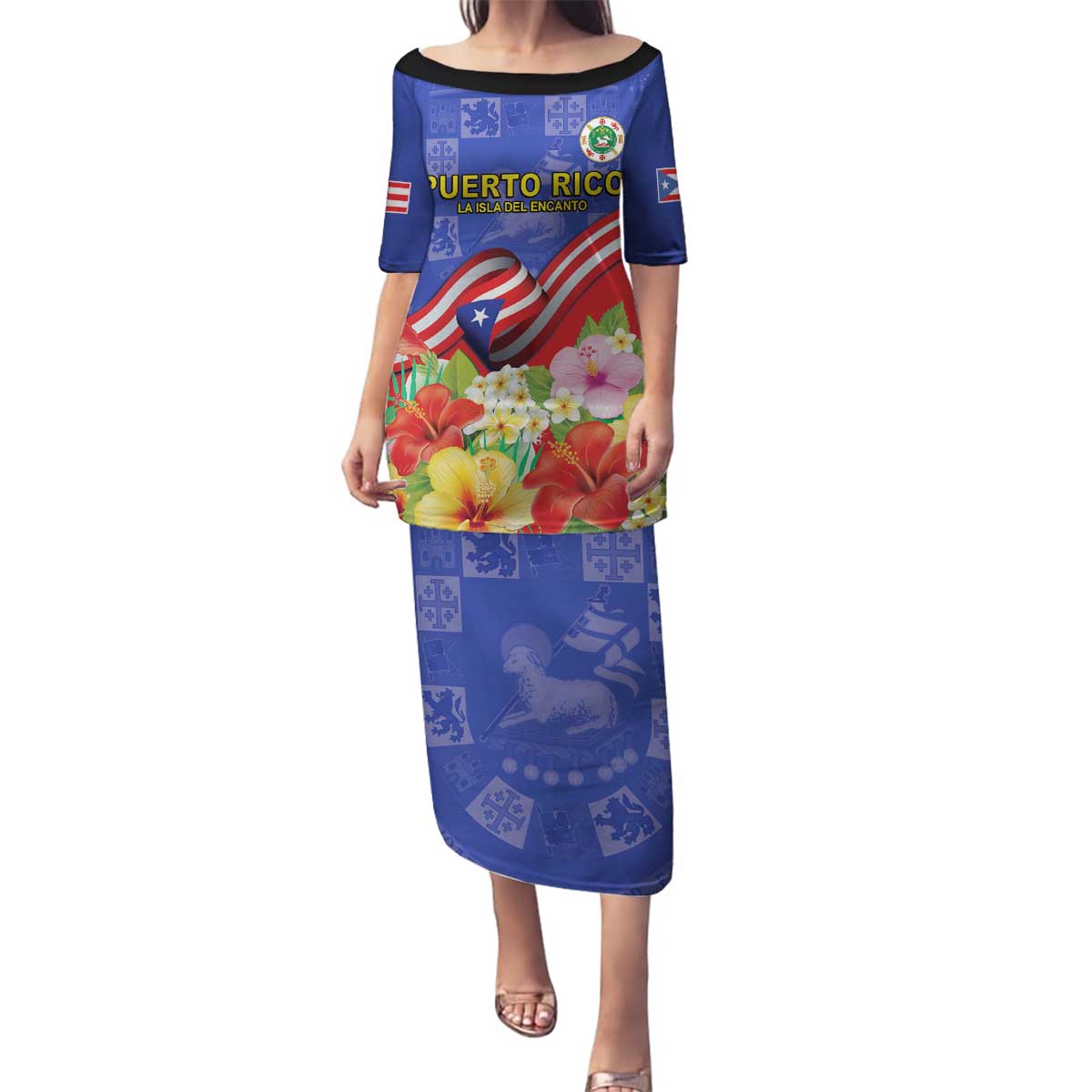 Puerto Rico Coat Of Arm Family Matching Puletasi and Hawaiian Shirt With Thespesia Grandiflora Flowers - Wonder Print Shop