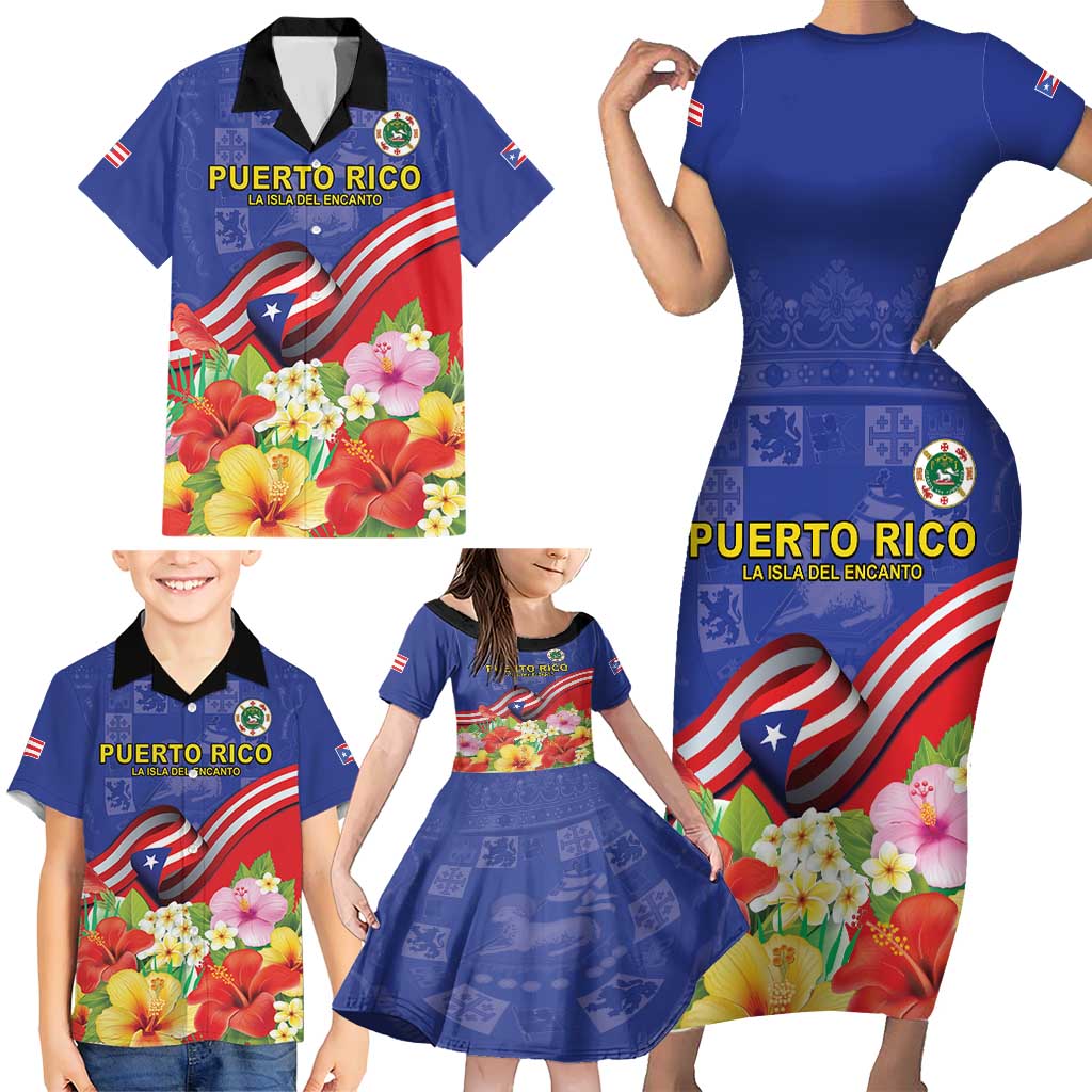 Puerto Rico Coat Of Arm Family Matching Short Sleeve Bodycon Dress and Hawaiian Shirt With Thespesia Grandiflora Flowers - Wonder Print Shop