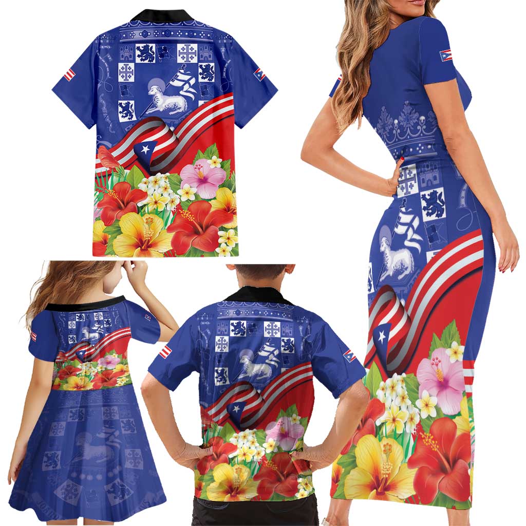 Puerto Rico Coat Of Arm Family Matching Short Sleeve Bodycon Dress and Hawaiian Shirt With Thespesia Grandiflora Flowers - Wonder Print Shop