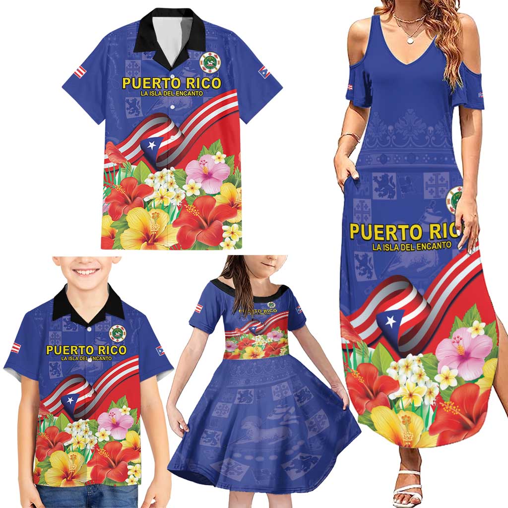 Puerto Rico Coat Of Arm Family Matching Summer Maxi Dress and Hawaiian Shirt With Thespesia Grandiflora Flowers - Wonder Print Shop
