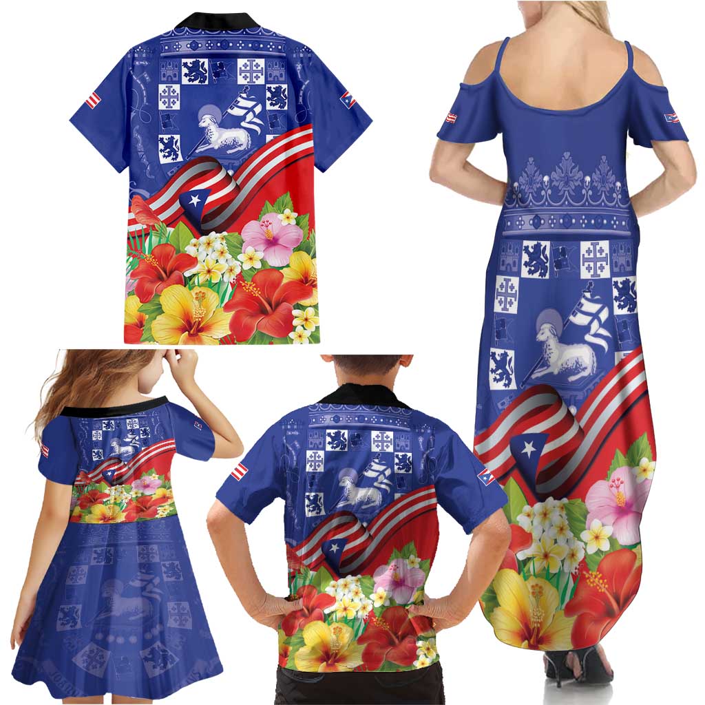 Puerto Rico Coat Of Arm Family Matching Summer Maxi Dress and Hawaiian Shirt With Thespesia Grandiflora Flowers - Wonder Print Shop