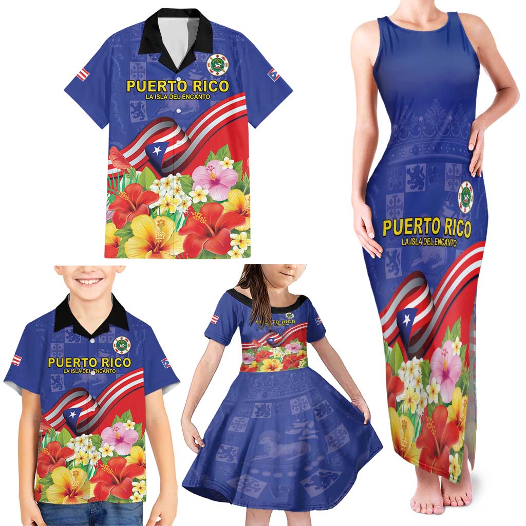Puerto Rico Coat Of Arm Family Matching Tank Maxi Dress and Hawaiian Shirt With Thespesia Grandiflora Flowers - Wonder Print Shop
