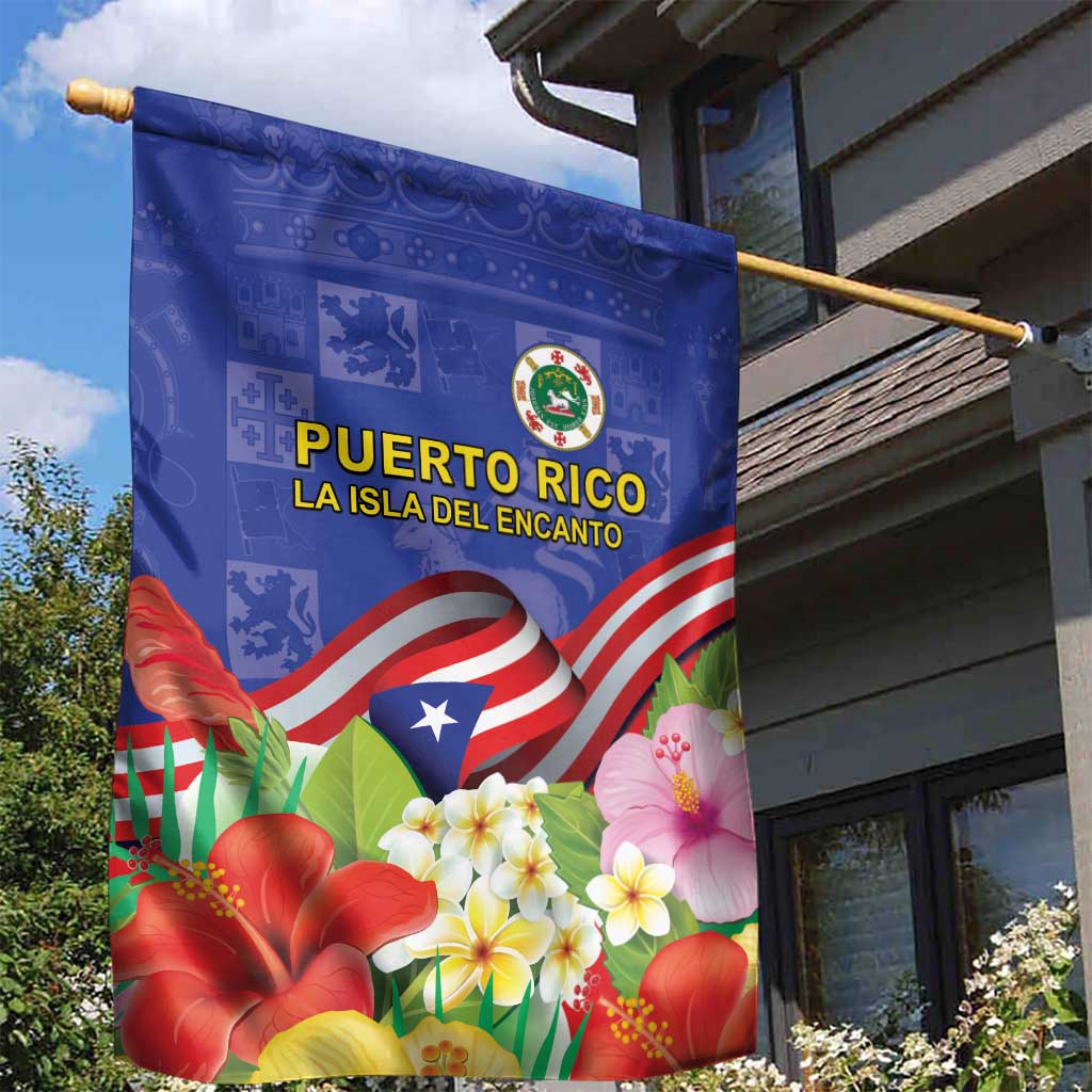 Puerto Rico Coat Of Arm Garden Flag With Thespesia Grandiflora Flowers - Wonder Print Shop