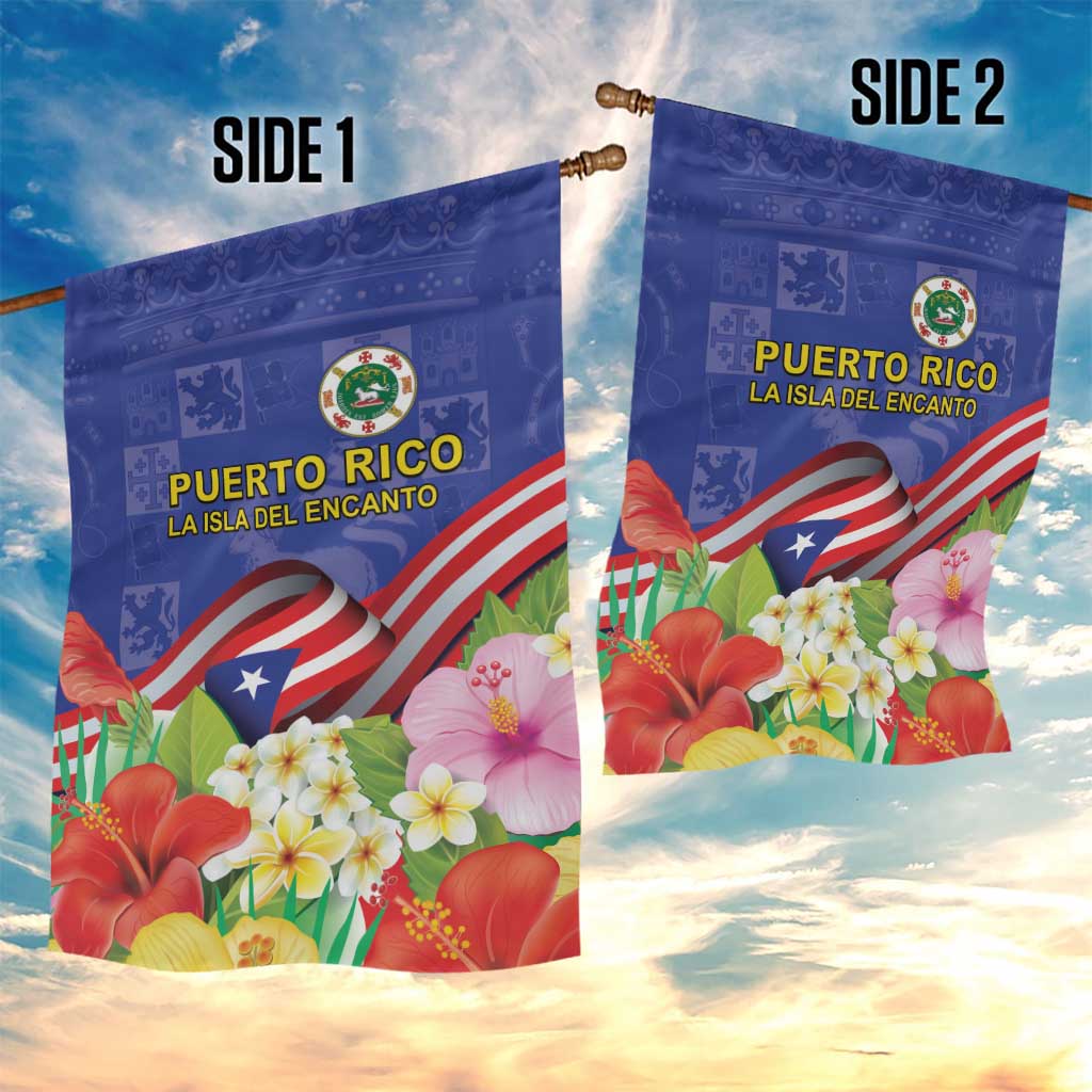 Puerto Rico Coat Of Arm Garden Flag With Thespesia Grandiflora Flowers - Wonder Print Shop