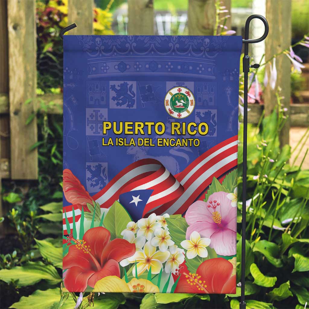 Puerto Rico Coat Of Arm Garden Flag With Thespesia Grandiflora Flowers - Wonder Print Shop