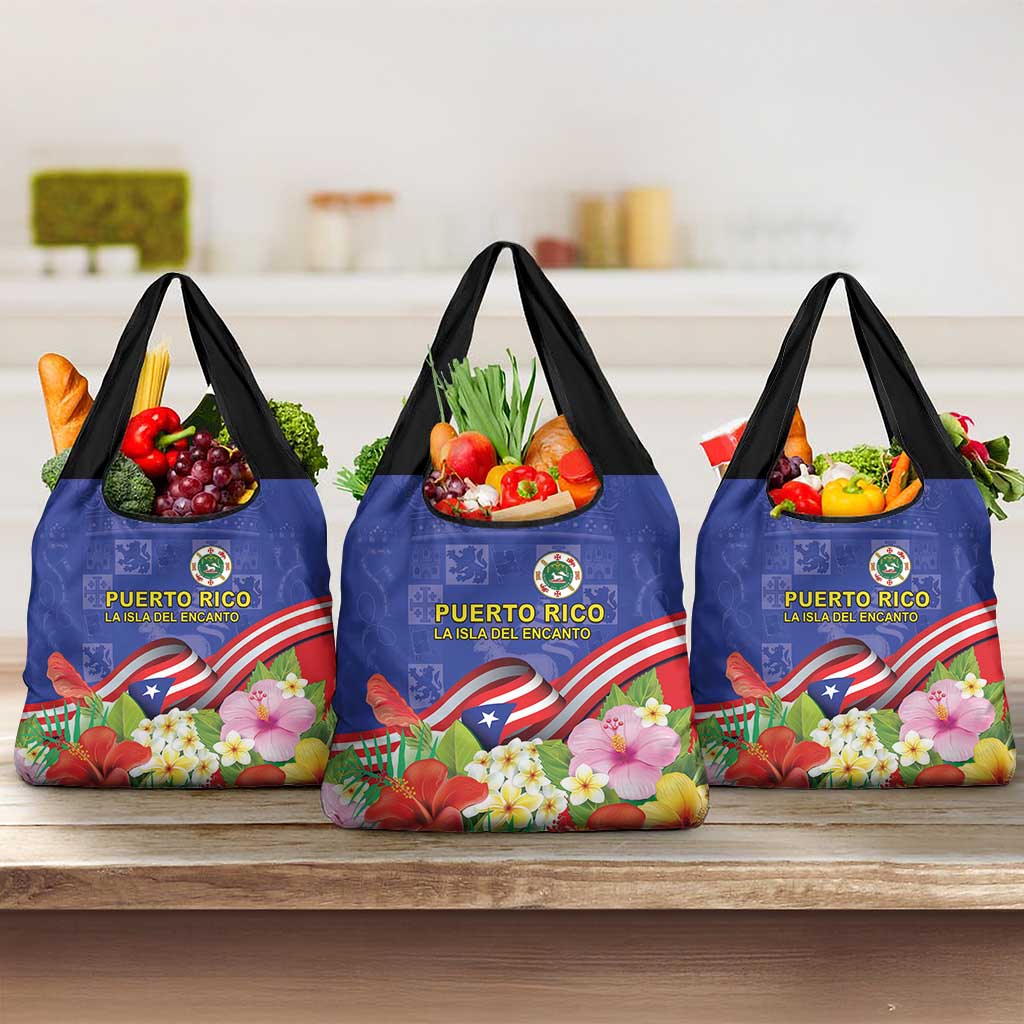 Puerto Rico Coat Of Arm Grocery Bag With Thespesia Grandiflora Flowers