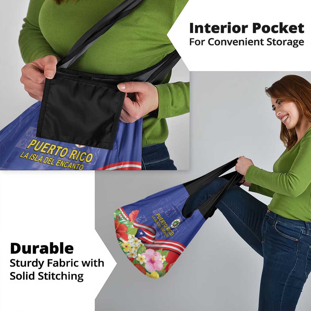 Puerto Rico Coat Of Arm Grocery Bag With Thespesia Grandiflora Flowers