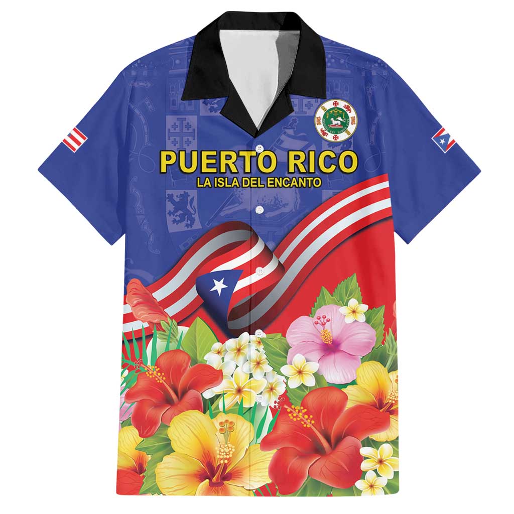 Puerto Rico Coat Of Arm Hawaiian Shirt With Thespesia Grandiflora Flowers - Wonder Print Shop
