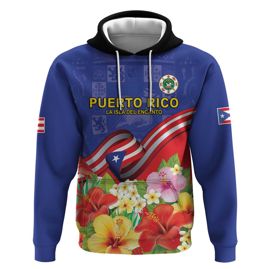 Puerto Rico Coat Of Arm Hoodie With Thespesia Grandiflora Flowers - Wonder Print Shop