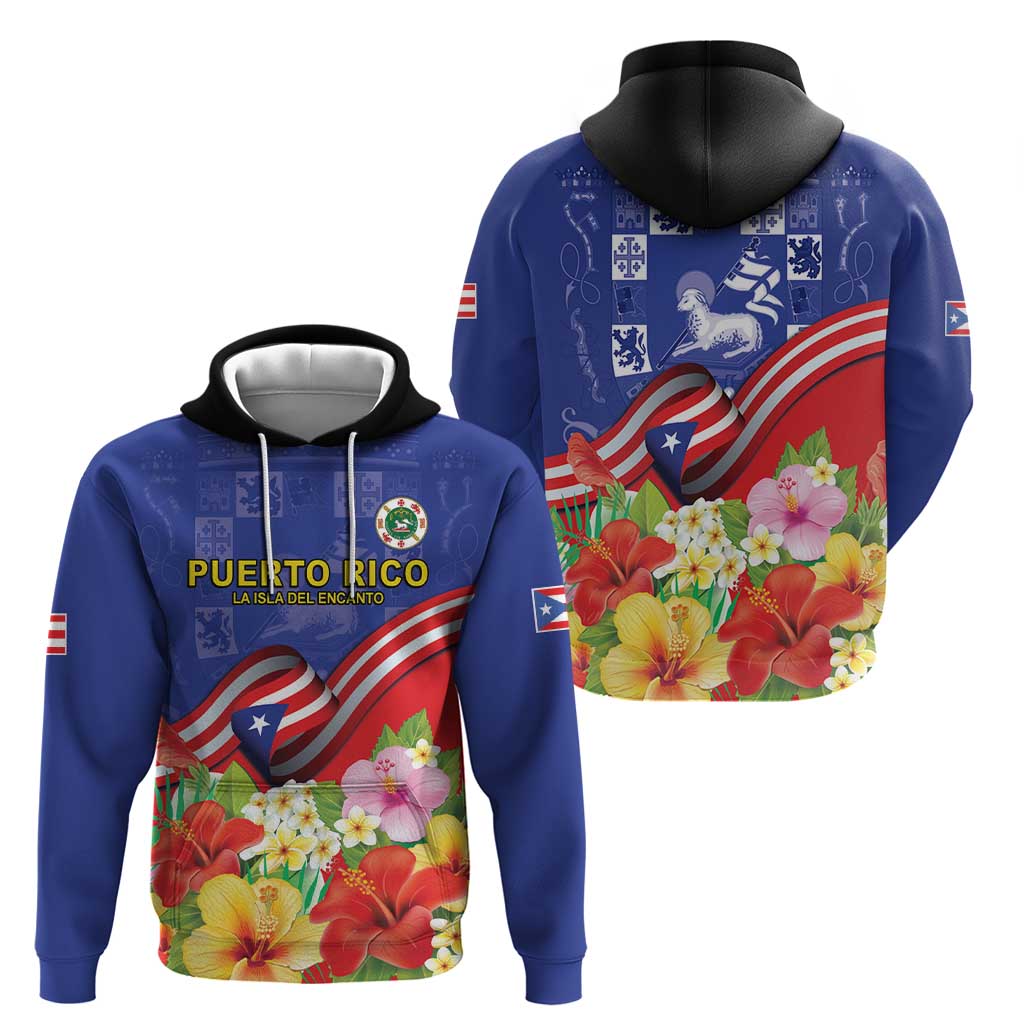 Puerto Rico Coat Of Arm Hoodie With Thespesia Grandiflora Flowers - Wonder Print Shop