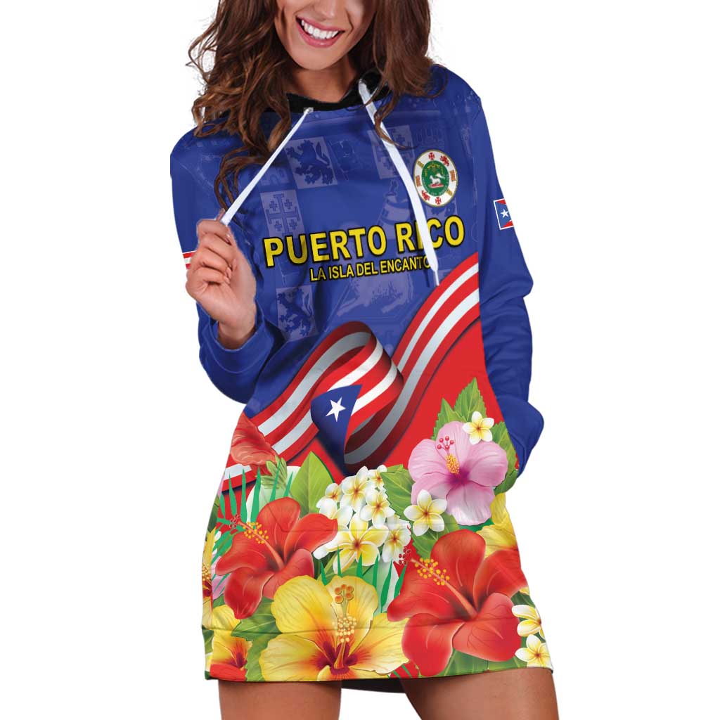 Puerto Rico Coat Of Arm Hoodie Dress With Thespesia Grandiflora Flowers - Wonder Print Shop