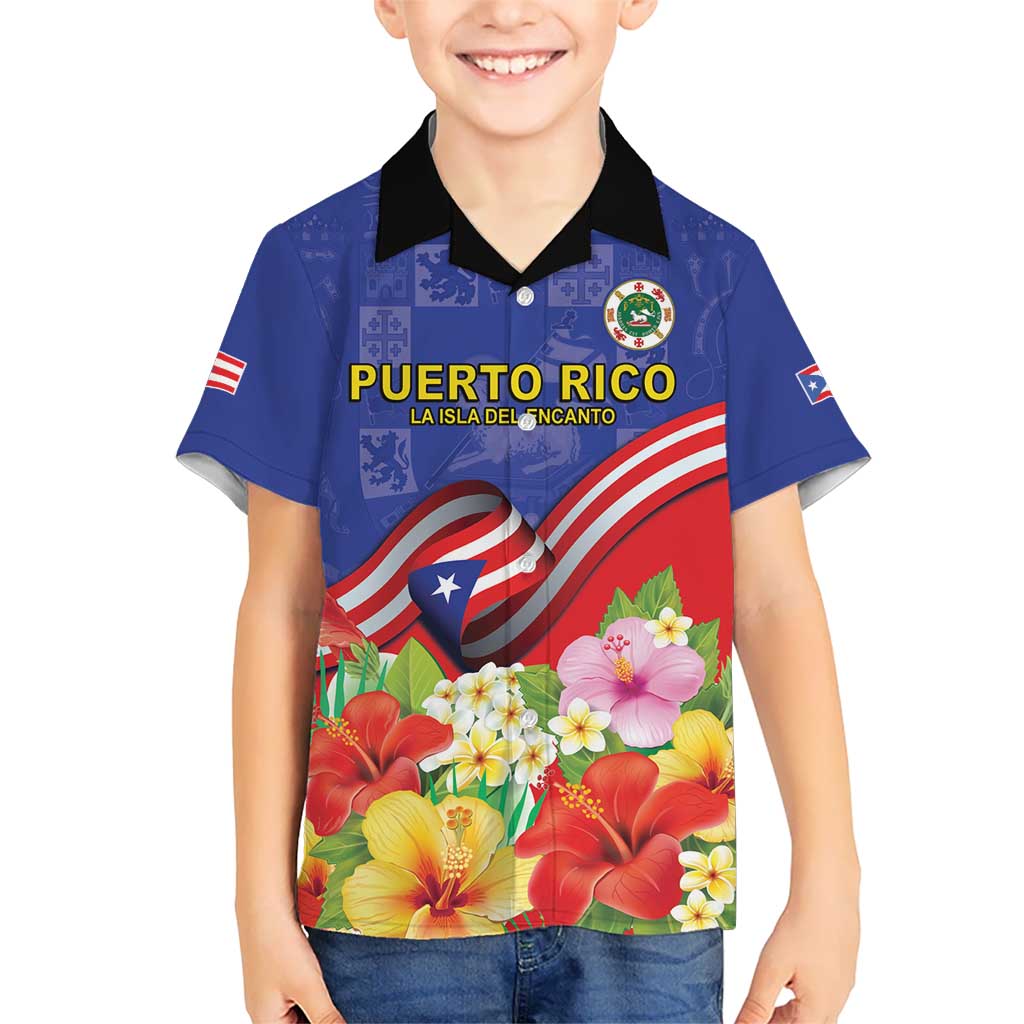 Puerto Rico Coat Of Arm Kid Hawaiian Shirt With Thespesia Grandiflora Flowers - Wonder Print Shop