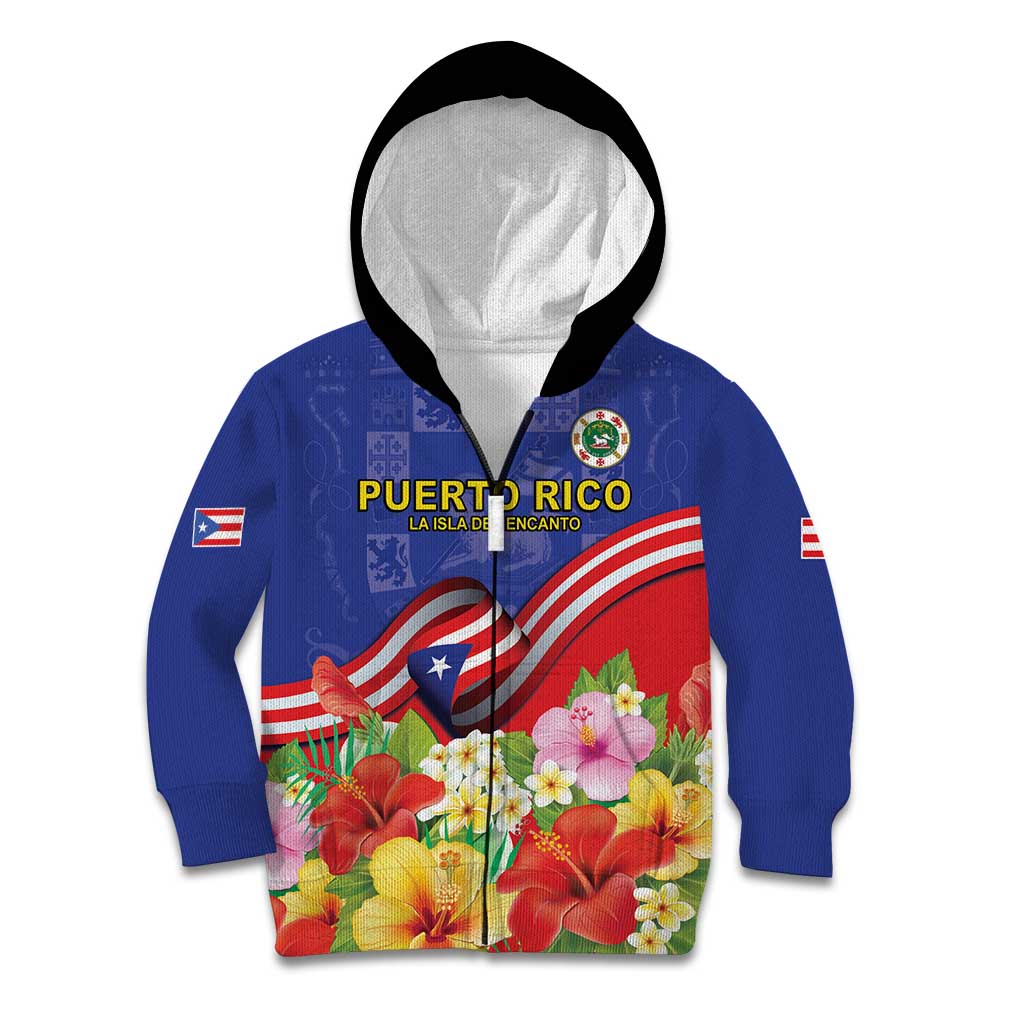 Puerto Rico Coat Of Arm Kid Hoodie With Thespesia Grandiflora Flowers - Wonder Print Shop