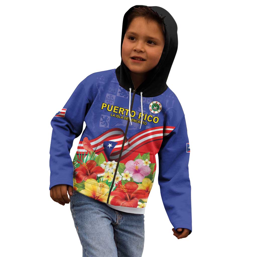 Puerto Rico Coat Of Arm Kid Hoodie With Thespesia Grandiflora Flowers - Wonder Print Shop