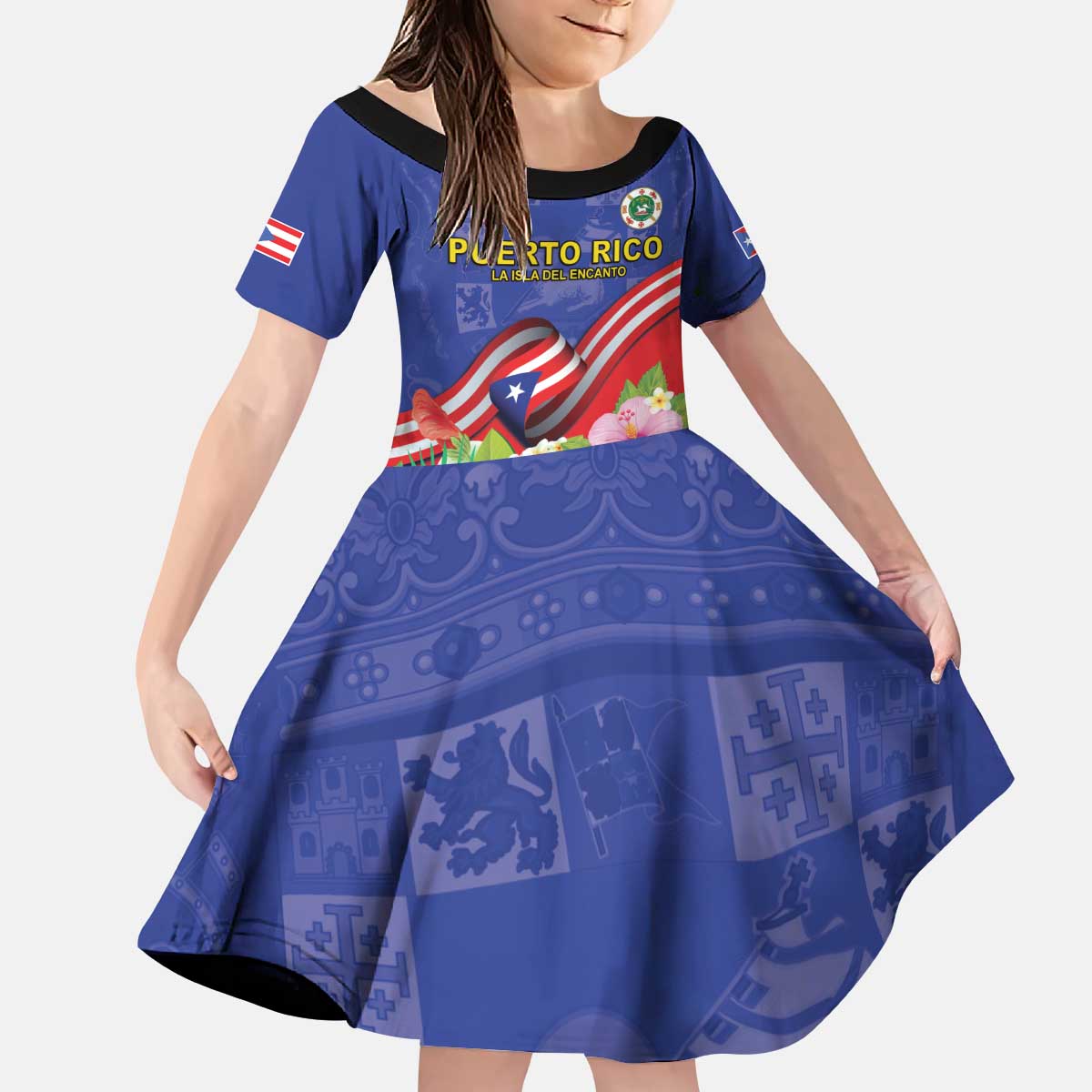 Puerto Rico Coat Of Arm Kid Short Sleeve Dress With Thespesia Grandiflora Flowers - Wonder Print Shop