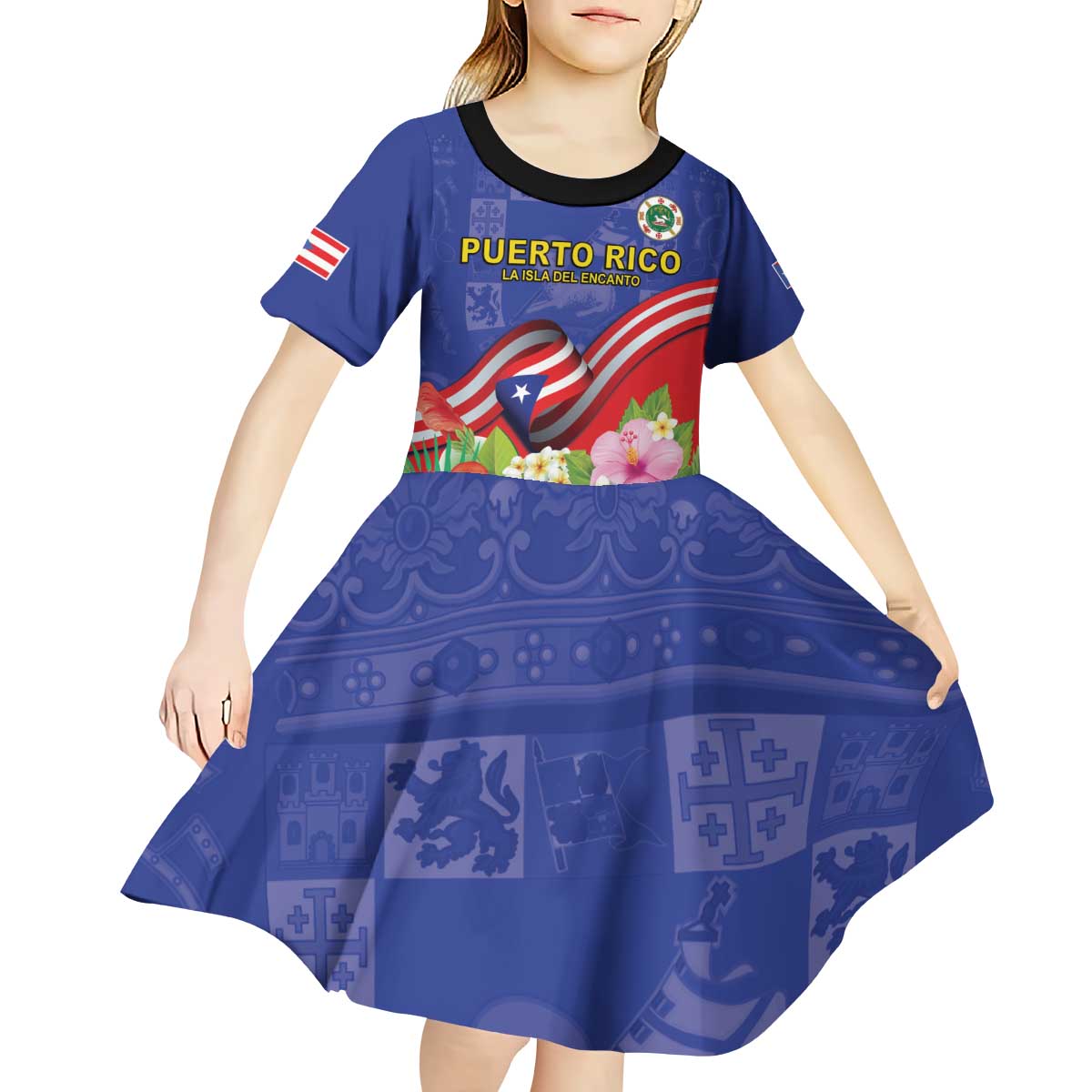 Puerto Rico Coat Of Arm Kid Short Sleeve Dress With Thespesia Grandiflora Flowers - Wonder Print Shop