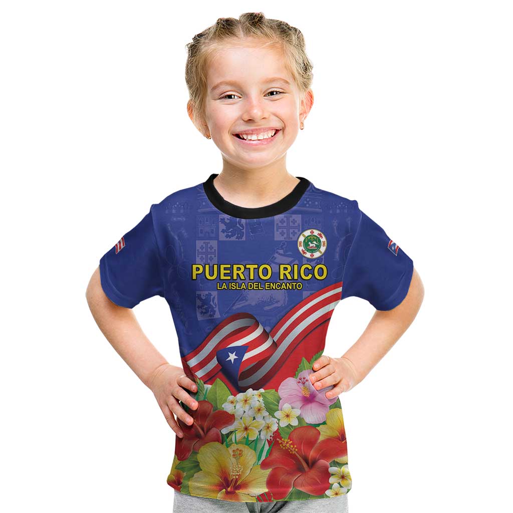 Puerto Rico Coat Of Arm Kid T Shirt With Thespesia Grandiflora Flowers - Wonder Print Shop