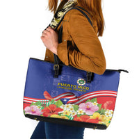 Puerto Rico Coat Of Arm Leather Tote Bag With Thespesia Grandiflora Flowers - Wonder Print Shop