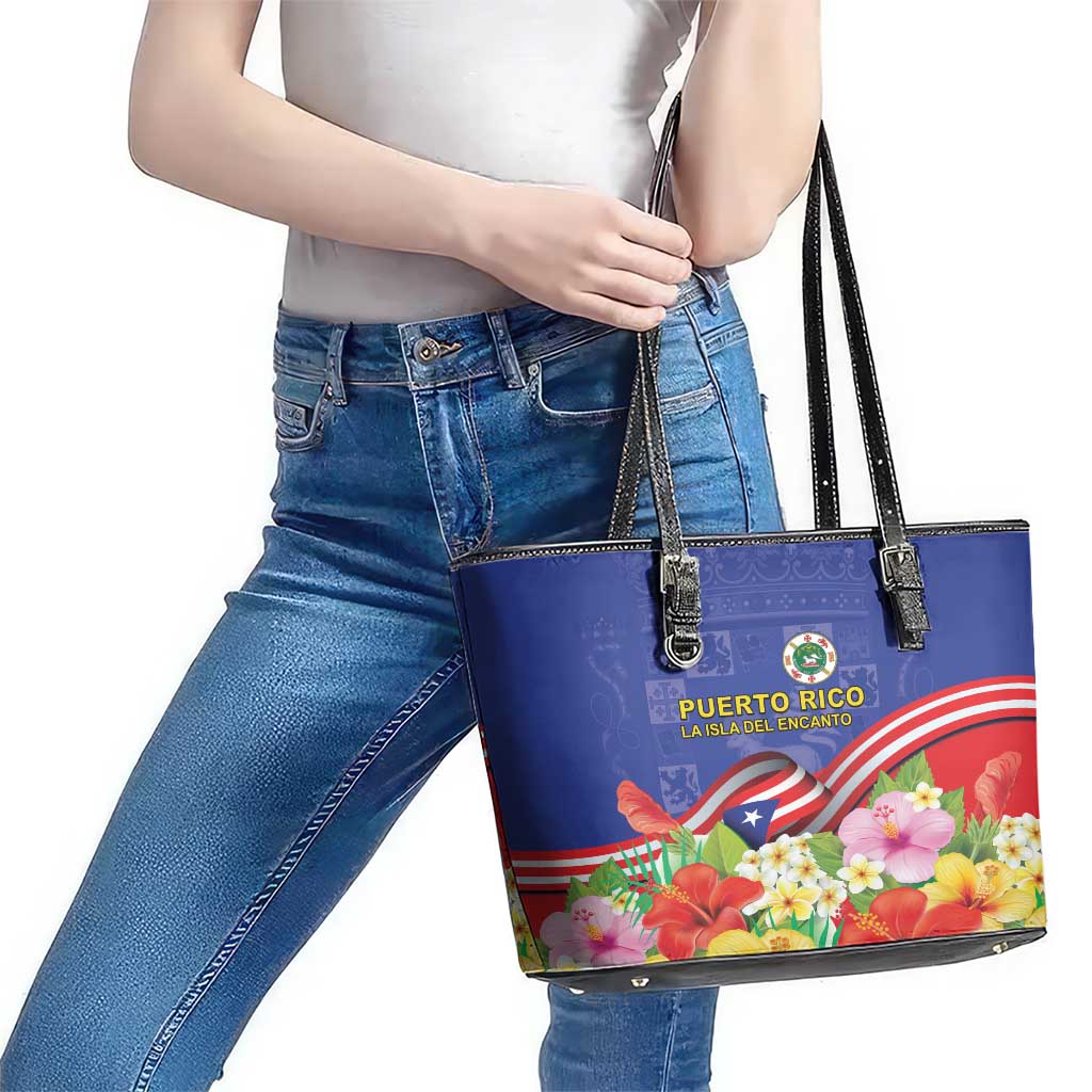 Puerto Rico Coat Of Arm Leather Tote Bag With Thespesia Grandiflora Flowers - Wonder Print Shop