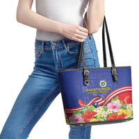 Puerto Rico Coat Of Arm Leather Tote Bag With Thespesia Grandiflora Flowers - Wonder Print Shop
