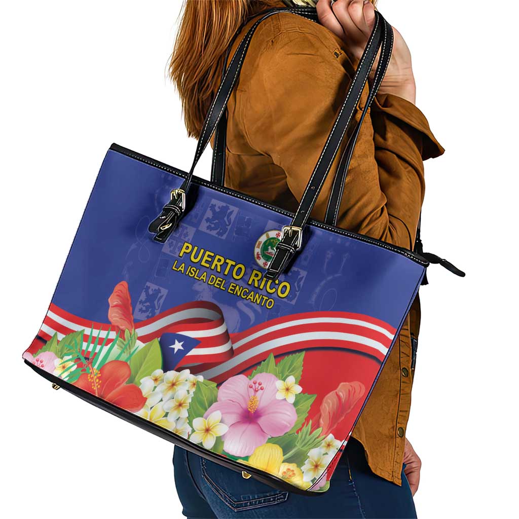Puerto Rico Coat Of Arm Leather Tote Bag With Thespesia Grandiflora Flowers - Wonder Print Shop