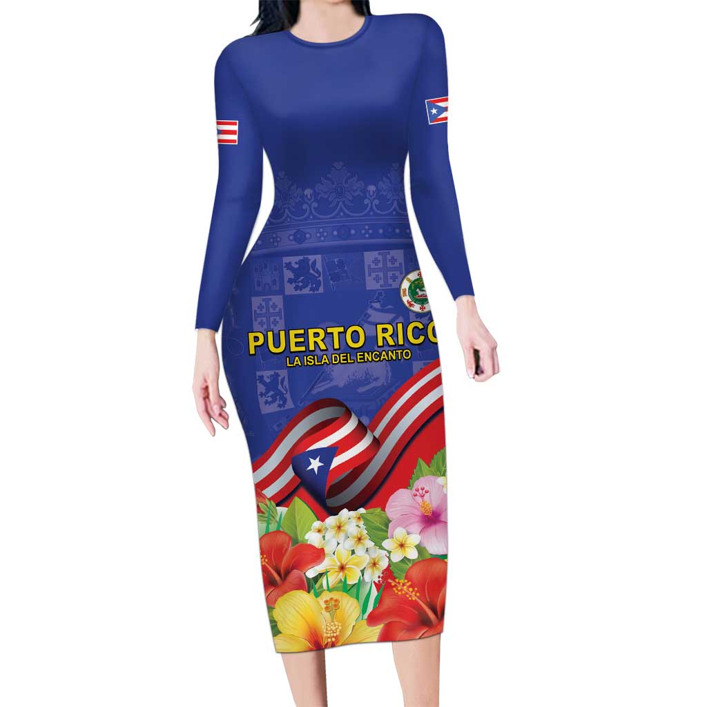 Puerto Rico Coat Of Arm Long Sleeve Bodycon Dress With Thespesia Grandiflora Flowers - Wonder Print Shop
