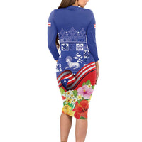 Puerto Rico Coat Of Arm Long Sleeve Bodycon Dress With Thespesia Grandiflora Flowers - Wonder Print Shop