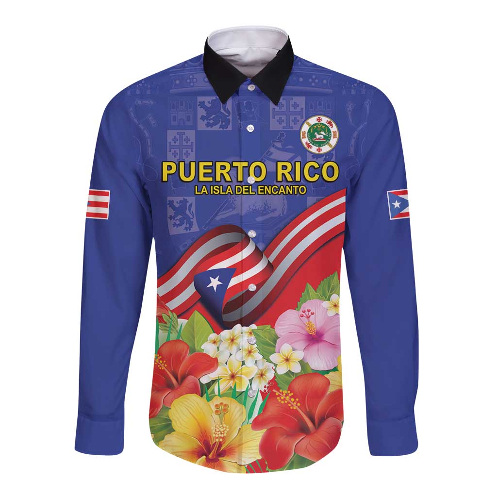 Puerto Rico Coat Of Arm Long Sleeve Button Shirt With Thespesia Grandiflora Flowers - Wonder Print Shop