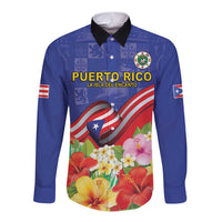 Puerto Rico Coat Of Arm Long Sleeve Button Shirt With Thespesia Grandiflora Flowers - Wonder Print Shop