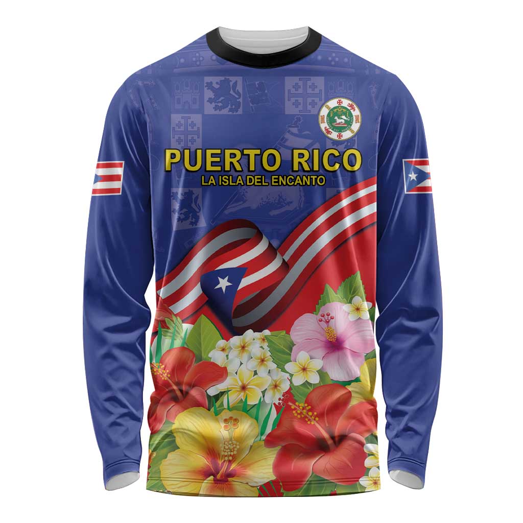 Puerto Rico Coat Of Arm Long Sleeve Shirt With Thespesia Grandiflora Flowers - Wonder Print Shop