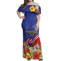 Puerto Rico Coat Of Arm Off Shoulder Maxi Dress With Thespesia Grandiflora Flowers - Wonder Print Shop