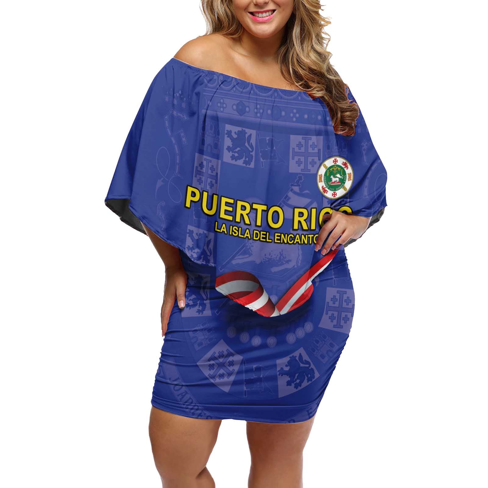Puerto Rico Coat Of Arm Off Shoulder Short Dress With Thespesia Grandiflora Flowers - Wonder Print Shop