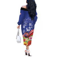 Puerto Rico Coat Of Arm Off The Shoulder Long Sleeve Dress With Thespesia Grandiflora Flowers - Wonder Print Shop