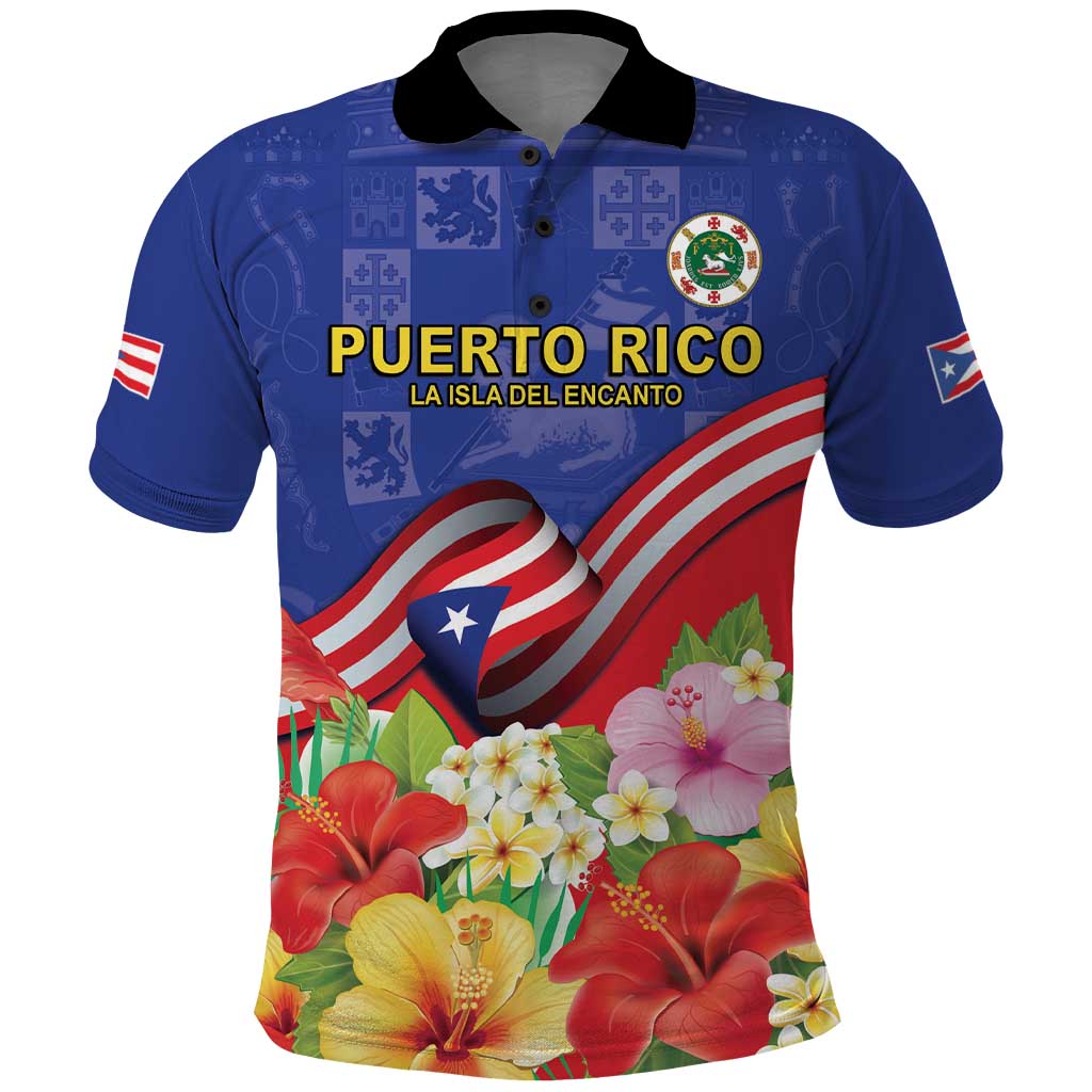 Puerto Rico Coat Of Arm Polo Shirt With Thespesia Grandiflora Flowers - Wonder Print Shop
