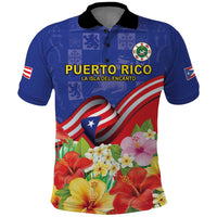 Puerto Rico Coat Of Arm Polo Shirt With Thespesia Grandiflora Flowers - Wonder Print Shop
