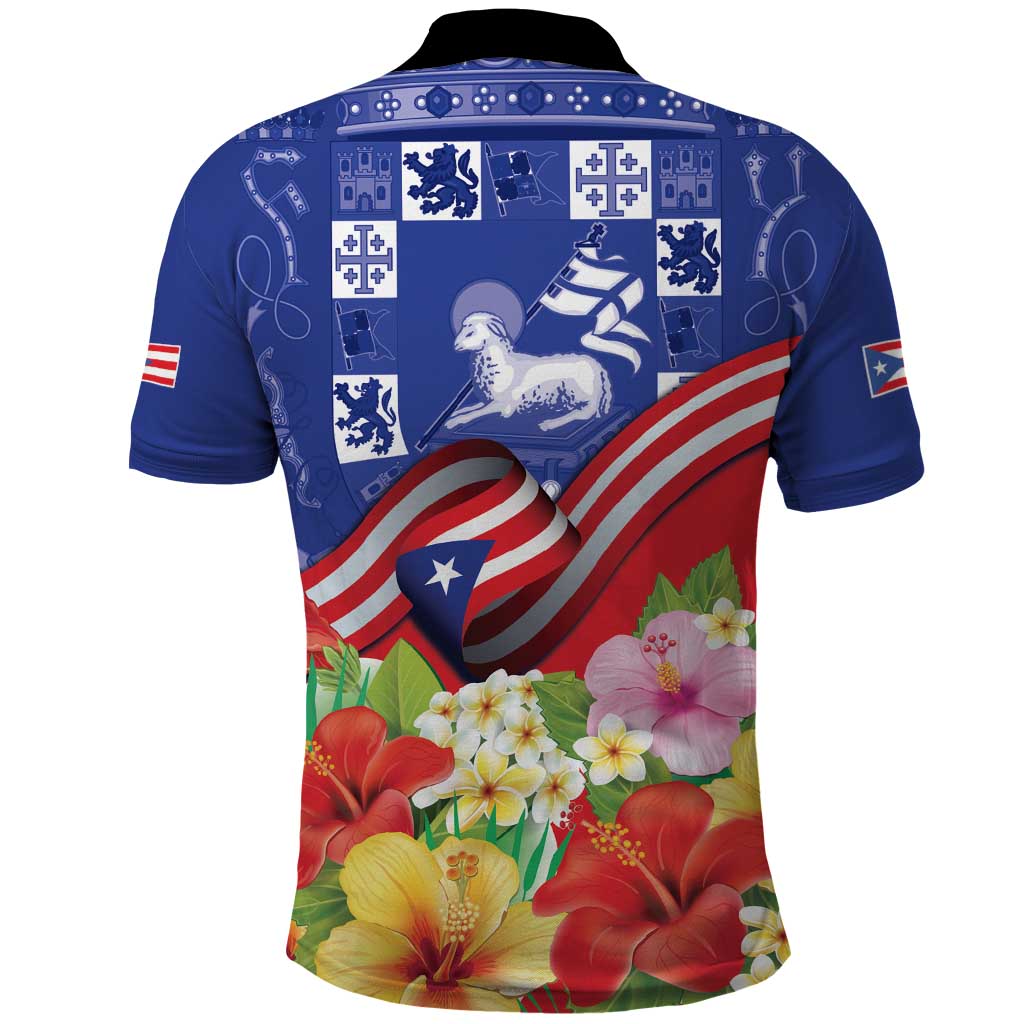 Puerto Rico Coat Of Arm Polo Shirt With Thespesia Grandiflora Flowers - Wonder Print Shop