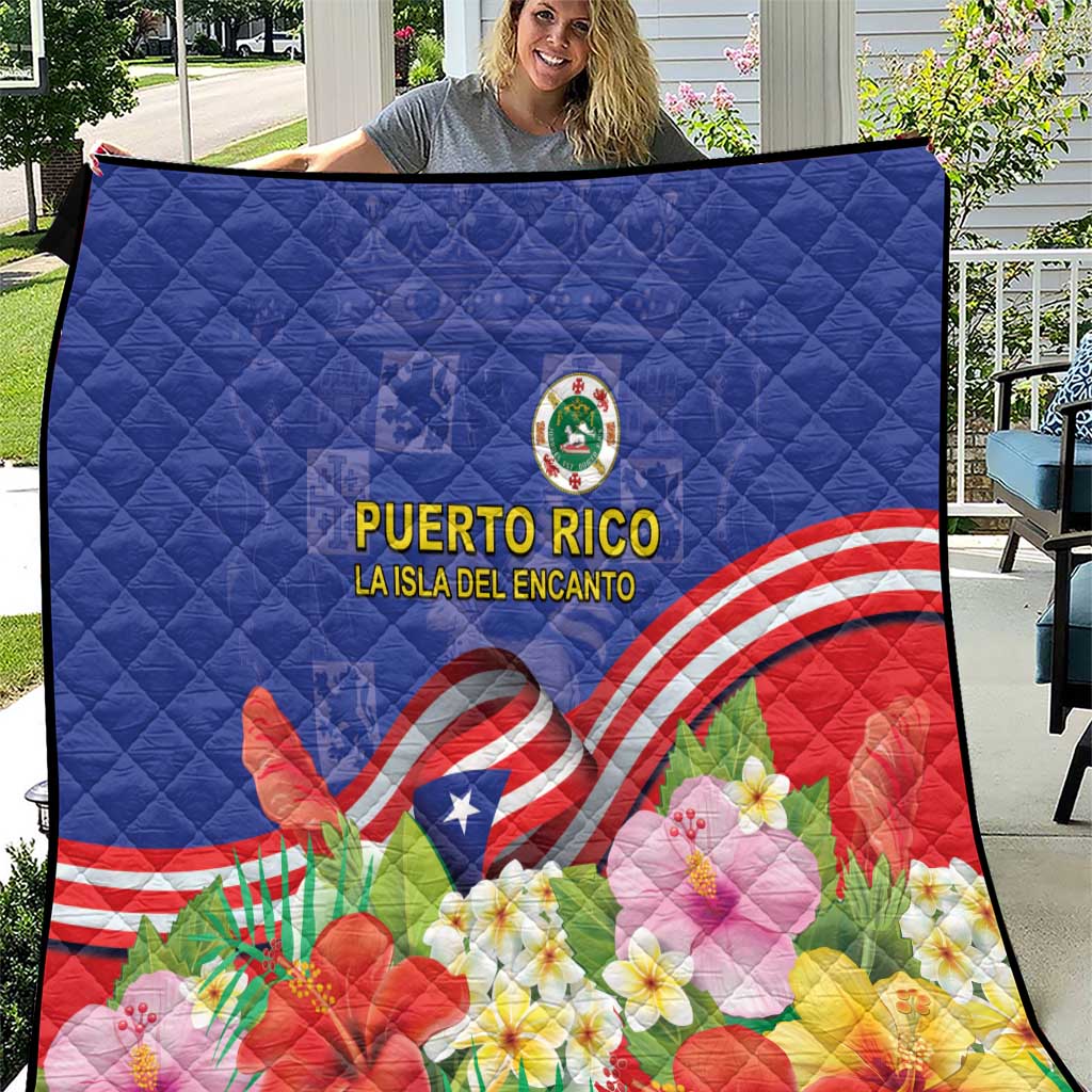 Puerto Rico Coat Of Arm Quilt With Thespesia Grandiflora Flowers - Wonder Print Shop