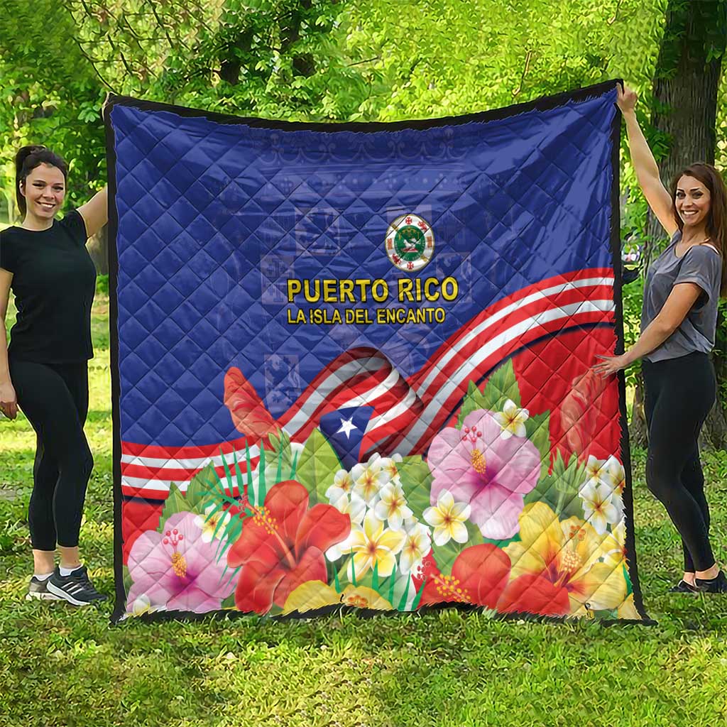 Puerto Rico Coat Of Arm Quilt With Thespesia Grandiflora Flowers - Wonder Print Shop