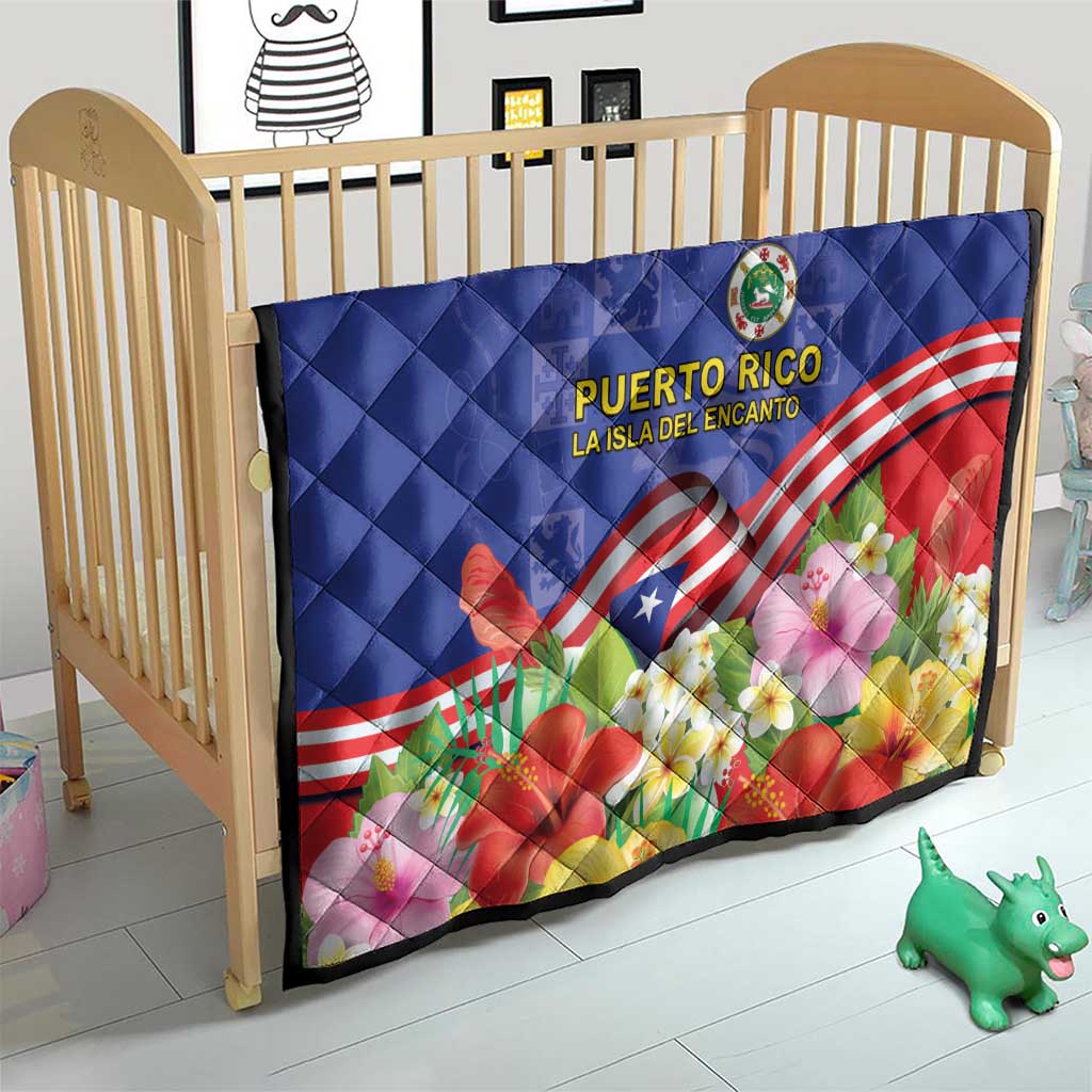 Puerto Rico Coat Of Arm Quilt With Thespesia Grandiflora Flowers - Wonder Print Shop