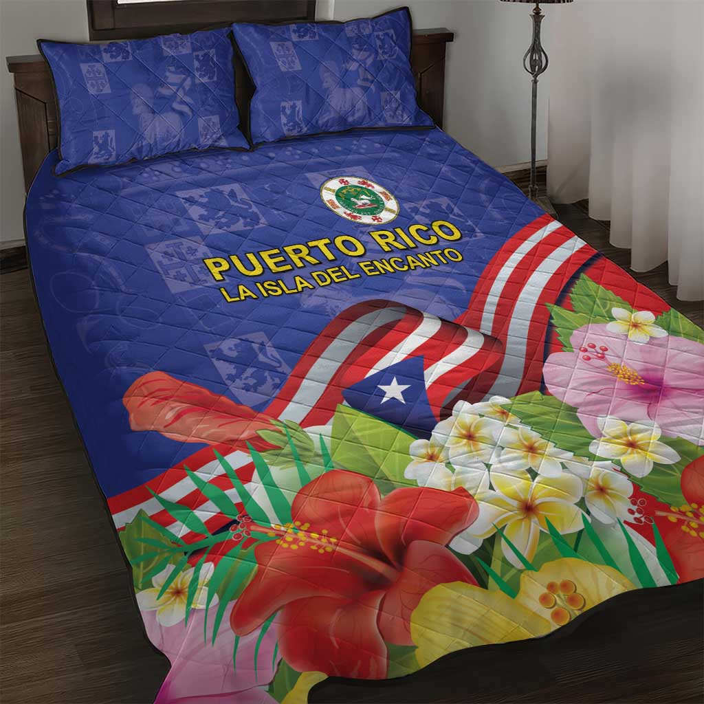 Puerto Rico Coat Of Arm Quilt Bed Set With Thespesia Grandiflora Flowers - Wonder Print Shop